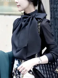 Женские шифоновые блузки в весенне-летнем стиле, рубашки Lady Casaul с длинным рукавом, белый, черный воротник с галстуком-бабочкой, Blusas, топы DF3162 240313