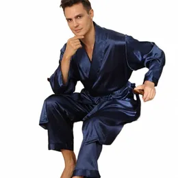 pigiama risvolto due pezzi RobePants vestito per gli uomini Accappatoio Kimo Bath Gown estate raso da notte Lg manica pigiama Set R9I4 #