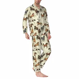 Sunset Horse Sleepwear Autumn Cool Animal Print Lorouge Eversive Pajama Sets Man Lg Sleeve لطيفًا لنيت