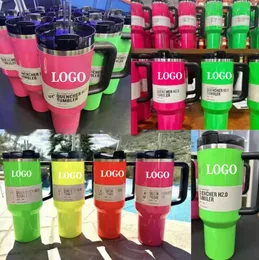 Electric Pink 40oz Tumbler Yellow Orange Neon Green QUENCHER H2.0 Stainless Steel Tumblers Cups with Handle Lid and Straw Winter Pink Neon Pink Car Mugs a0326