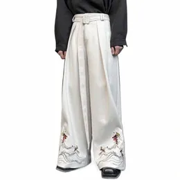 IEFB LACE-UP Male Wide Leg Pants Casual Pleated Brodery Men's Straight Byxor Kinesisk stil FI 2024 Spring New 9C4105 M7BH#