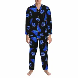 blue Floral Butterfly Graphic Pajama Sets Butterflies Vintage Patchwork Cute Sleepwear Unisex Casual Sleep Two Piece Nightwear 82Hp#