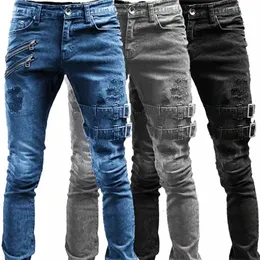 retro moto bisikletçisi düz elastik kot erkekler fermuarlı delik sokak kıyafeti punk sıska denim kargo pantolon pantales hombre y2k giyim 69ez#