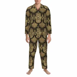 Hamsa Mão Conjuntos de Pijama Ouro Mão de Fátima Quente Pijamas Casal LG Mangas Soltas Sono 2 Peça Pijamas Tamanho Grande 2XL L0j0 #