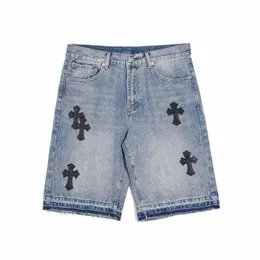 high Street Embroidered Leather Cross Denim Shorts Men's Wed Raw-edged Straight Jeans Shorts Capris 85X4#