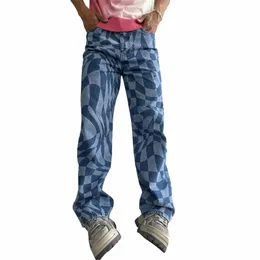 Fi Men's Plaid Jeans Pantsブランドデザイナーバギーヒップホップデニムズボンルースフィットブルーチェックジーンズ新しい到着Z9C0＃