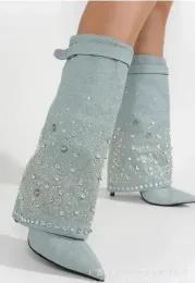 Vårflickor ljusblå jeans denim bling crystal rhinestone nit knapp spänne spetsiga tå tunna klackar glid på byxor stövlar sko