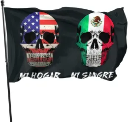 Tillbehör Skull My Home American Flags My Blood Mexico Flags för inomhus utomhusfestklubb Dekorativa flaggor Minnesgåvor för kvinnor män