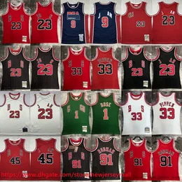 Wydrukowane klasyczne retro 2008-09 Zielona koszykówka 1 Derrickrose Jersey Vintage 1995-96 Black Stripe 91 Dennisrodman 33 Scottiepippen koszulki