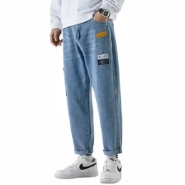 2023 New Korean Fi Men's Jeans Classic Man Straight Denim Wide-Leg Pants Solid Color Bagy Light Blue Gray Black3XL N1SD＃