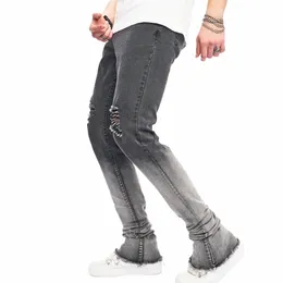 FI -gradientfärg Men High Street Holes Slim Stretch Jeans Male Ripped Districed Micro Fleared Denim Pants Men's byxor T0JS#