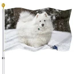 Tillbehör samoyed hund flagga snö i vinter polyester flaggor för hus inomhus gård utomhus dekor mässing grommets flagga söt husdjur dekorativ flagga