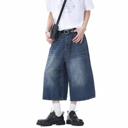 Manlig bred ben knä längd shorts fi denim byxor koreansk stil vintage mäns jeans sommar lös ny ons m1im#