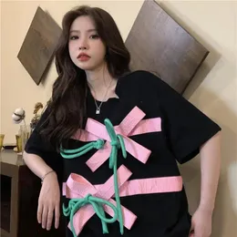 Women's T Shirts 2024 Korea Fashion Summer T-shirt Women Black Super Large 3D Bow Lace Up Short Sleeve Tshirt Loose Causal Top Clothing