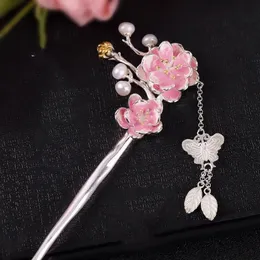 925 Silver Vintage Hair Jewelry National Style Classical Elegant Peach Blossom Hairpin Butterfly Tassel Flower Hanfu Associory 240311