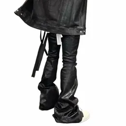 Streetwear Black Wax Leather Strecth Jeans For Men Ropa Hombre Baggy Y2K Flare Pants Overdimensionerade raka denimbyxor i5t7#
