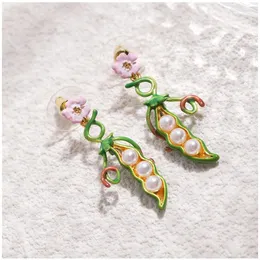 Stud Earrings Europe And America 2024 Garden Enamel Technology Green Pea Clip Pendant Pink Flower Golden