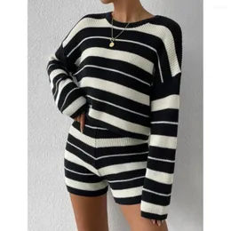 Women's Tracksuits Fashion Striped Knitted Shorts Set Long Sleeve Top Loose Sweater Pullovers Knitwear Trend Women 2 Piece Matching Suit