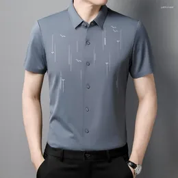 Men's Dress Shirts Summer Fashion Ice Silk T-shirt Short Sleeve Solid Turn-down Collar Striped Business Letter Button Casual Tops