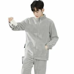 Flanella da uomo Autunno Inverno Casual Ispessimento Set da notte Butt Sleepwear Pigiama Pigiama Cardigan Grigio Pigiama Pijama Lounge 22mw #