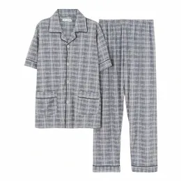 Cott Pijama for Man Striped Pajama Set Short Sleeve Turn-Down Collar Casual Soft Mens Home-Wear Set Summer D9U4#
