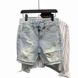 summer Men's Scratched Broken Denim Shorts Men Fi Brand Beard Splice Stretch Ripped Short Jeans Pants T2k7#