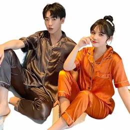 여름 애호가 Pajama Suit Pajamas 커플 실크 잠자기 새틴 잠옷 여자 짧은 슬리브 Pijamas 남자 라운지 플러스 사이즈 PJ 세트 76k1#