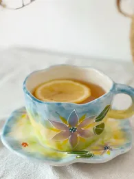 Xícaras Pires Japonês Alívio Pintado à Mão Xícara de Café Cerâmica Café da Manhã Água Cupa Chá da Tarde Cupse Pratos Canecas Artesanais
