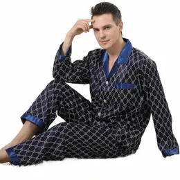 printed Sleepwear Men Satin Pajamas With Butts Lg Sleeve Pyjamas Pour Femme Casual Home Clothes Lapel Loungewear Lingerie T01U#