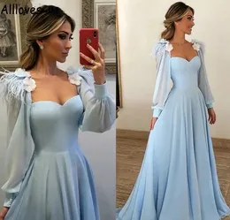 Abiti da ballo in pelliccia azzurra con maniche lunghe Fiori fatti a mano alla moda Abiti da sera in chiffon di linea Plus Size Aso Ebi Occasioni speciali Robe de Soiree