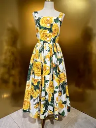 Платье из 100% хлопка, желтая роза с принтом, летнее женское платье для пляжного отдыха, Vestidos на бретельках, элегантное женское расширение