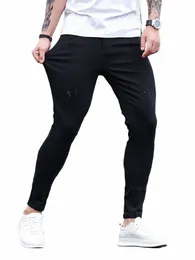 new 2023 Men Tight Denim Trousers Scratches Black Elastic Slim Small Foot Pants Motorcycle Sports Street Casual Character Jeans V8No#