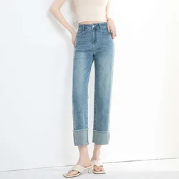 Xin Ge Short Curled Straight leg Jeans 2024 Summer New High Waist Gradient Trouser Legs Show Slim and Straight Legs