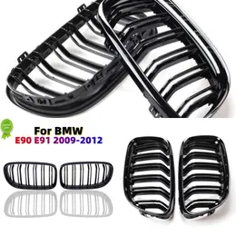 Yükseltilmiş 2pcs Araba Stili Parlak Siyah Ön Böbrek Çift Çabuk Grill Grille BMW 3 Serisi E90 E91 LCI 2009 2011 2012 2012 Araba Stilini