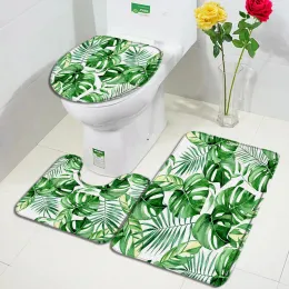 Tappetini Foglie tropicali Tappetino da bagno Set Verde Acquerello Foglia di palma Pianta Monstera Tappeto per la casa Arredamento per il bagno Tappeto antiscivolo Copri coperchio del WC