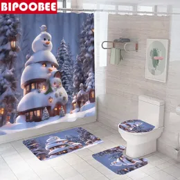 Шторы Снеговик Декор дома 3D Шторы для душа С Рождеством Занавеска для ванной комнаты Крышка для унитаза Снежный пейзаж Коврики для ванной Противоскользящие коврики