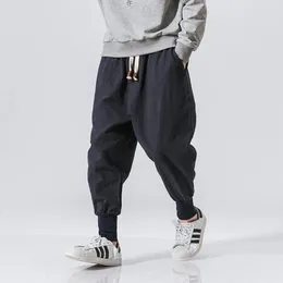 Pantaloni da uomo in cotone e lino Harem da uomo in vita elastica solida streetwear pantaloni da jogging pantaloni casual larghi con cavallo basso