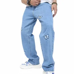 2023 New Men Butterfly Embroidery Stylish Loose Straight Jeans Pants Male Cott Casual Denim Trousers c3xs#