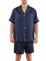 Birdtree 19mm 100%riktig siden lapel mäns pyjama set tunna korta ärm shorts avslappnade hemkläder 2024 vår sommar s41121qc x50s#