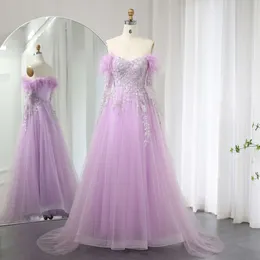 Grey Sharon Said Dubai Feathers Purple Even Evening Dress z Cape Rleeve Elegancka Off Remer Lilac Wedding Party Suknia SS262