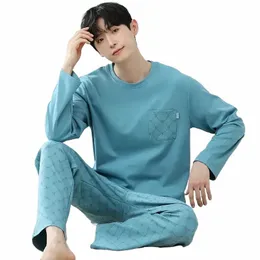 Neckbyxor Nytt tryck pyjamas pyjamas hylsa runt koreanska sömnkläder och sätter LG 2023 för mäns toppar nattklänning hemkläder Q1cf#