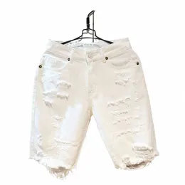 2022 Sommer-Fi-beschnittene Männer Tattered Ripped Shorts Lose gerade beiläufige weiße Denim-Hosen Streetwear Männer Boyfriend-Jeans W5Ky #