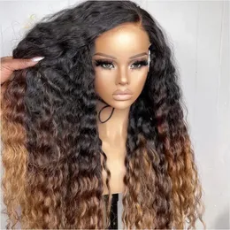 부드러운 26LONG OMBRE BLONDE BROWN KINKY CURLY 180DENSITY LACE FRONT WIG 흑인 여성 베이비 헤어 내열성 사전 퍼지는 글루 이스