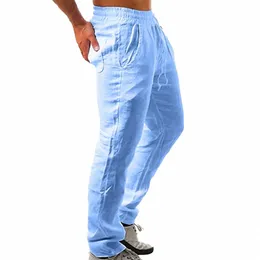 Kore yaz erkekleri keten pantolon yeni nefes alabilen düz renk rahat pantolon fitn yoga jogging eşofman sokak kıyafetleri 915h#