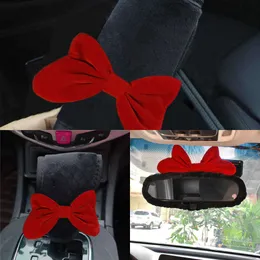 Atualização guarnição bonito vermelho bowknot cinto de segurança do carro capa macio pelúcia almofada ombro estilo cintos de segurança espelho do carro caso acessórios
