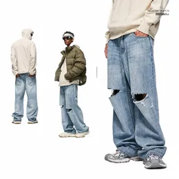 Inflation rippade breda ben jeans män retro gifta sig med ljusblå denim byxor manliga byxor plus storlek 200h#
