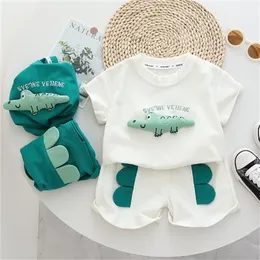 Set per bambini Pantaloncini a maniche corte in cotone con stampa tridimensionale di dinosauri per ragazzi, set di abbigliamento estivo per bambini