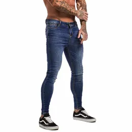 Gingtto Blue Jeans Slim Fit Super Super Sweenny Jeans for Men Street Wear Ho Hop Ongle Stid