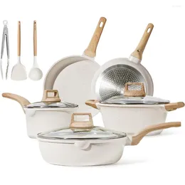 Cookware Sets Pots And Pans Set Nonstick White Granite Induction Kitchen 11 Pcs Non Stick Cooking W/Frying & Saucepans