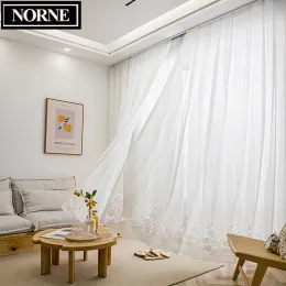 Curtains NORNE Solid White Tulle Window Sheer Curtain for Living Room Bedroom Voile Striped Vertical With Jacquard Hem Drape Custom Made